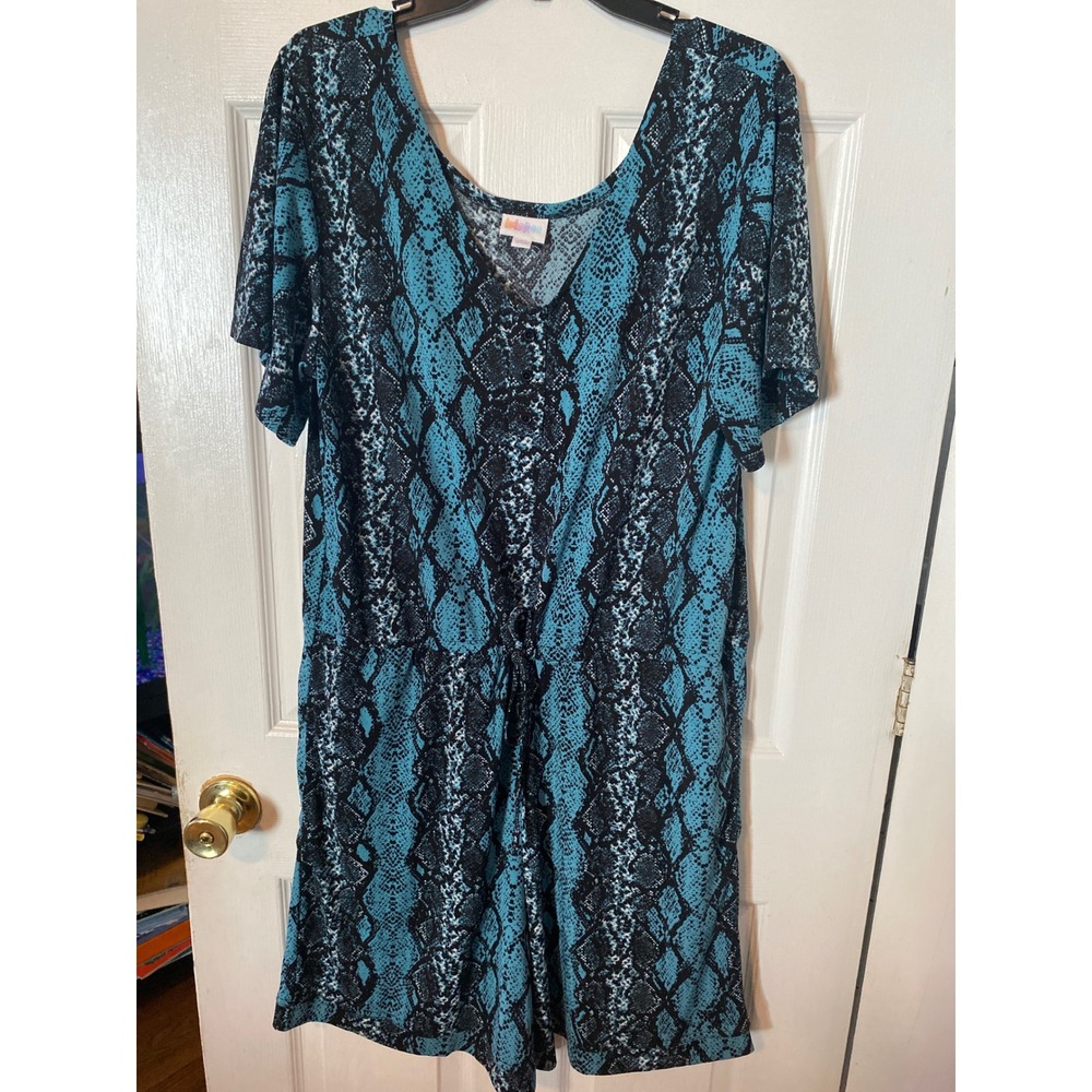 LuLaRoe Xoe Romper Womens Large‎ Teal Black Snakeskin Animal Print Short Sleeve